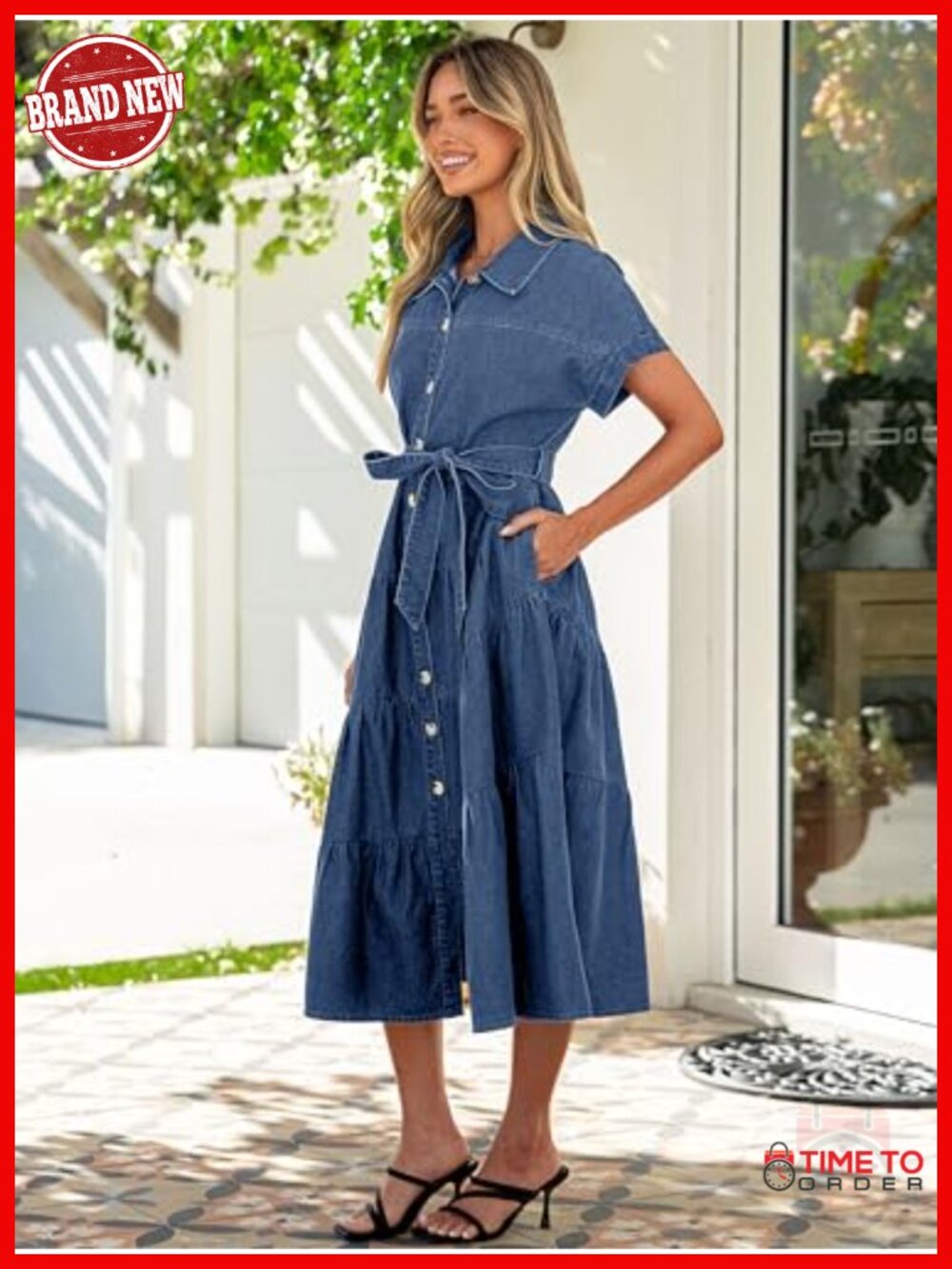 Women's Denim Shirt Dress - Casual Belted Midi with Pockets - Picture 4 of 6